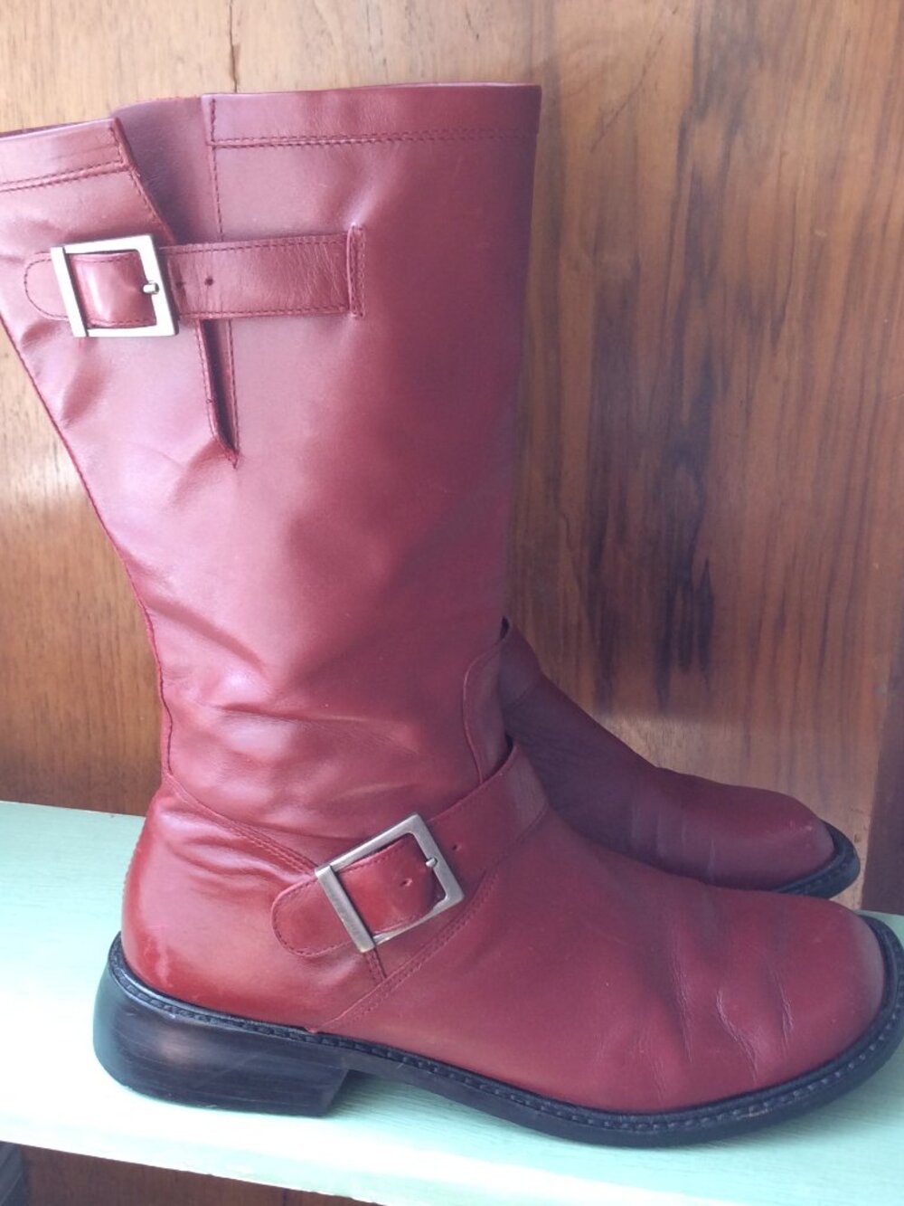 Red Leather Seychelles Biker Boots with Buckles and Chunky Heel